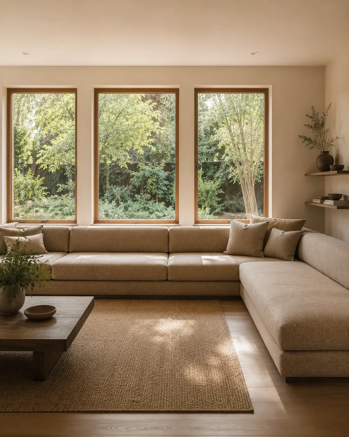 Low-back L-shaped sectional sofa beneath living room windows